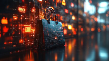 Stylish shopping bag with digital background, modern retail concept