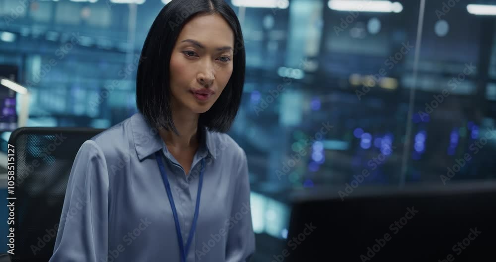 Poster Asian Software Developer Analyze System Performance Metrics on a Computer Inside a Modern Data Center. Young Female Manager Ensuring Efficient Operations for Critical Infrastructure