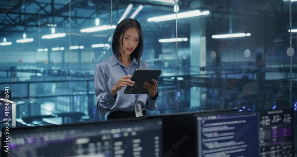 Aufkleber asian female systems administrator standing in a glass office, adjusting configuration settings on h