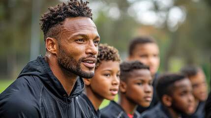 Inspiring Coach Mentoring Youth Soccer Team Outdoors