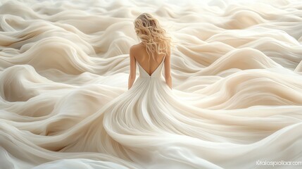 Woman in flowing dress seated amidst waves of fabric, ethereal mood.
