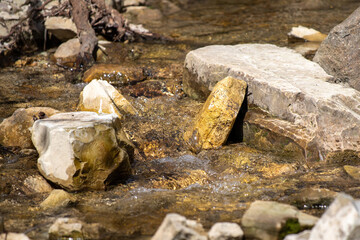 A stream of water flows over a rocky riverbed