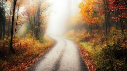 Obraz premium Windy road disappears into dense fog, surrounded by vibrant fall forest scenery. This image captures the enchanting ambiance and mystery of a foggy, wooded landscape with ample copy space.