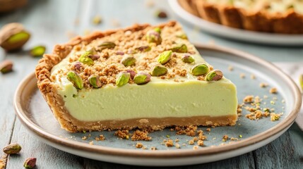 Pistachio Cheesecake Slice on Plate