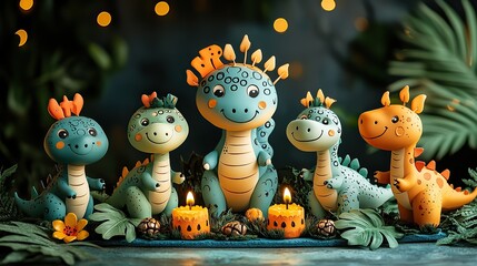Fototapeta premium Happy birthday card with group of cartoon dinosaurs on blue background adds playful touch