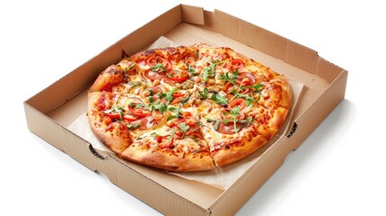 Pizza in a cardboard box on a white background