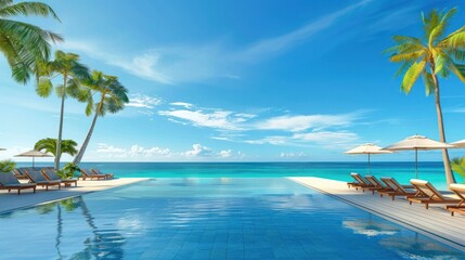 Beautiful poolside and exotic beach with sea background in sunny day, AI generated image
