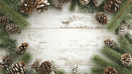 Merry Christmas and Happy New Year card designed with a frame made from fir tree branches and cones, set against a white wood texture background. Ample copy space included.