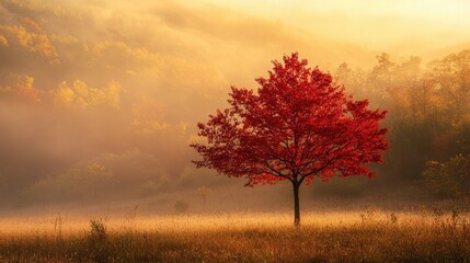 Obraz premium Golden mist envelops a red tree during sunset, creating a serene atmosphere with the red tree standing out against the soft hues of gold. Ideal for nature photography with ample copy space.