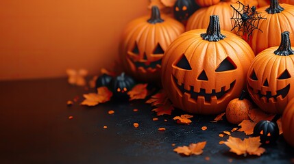 Happy Halloween text in white on top of pumpkins, with solid background