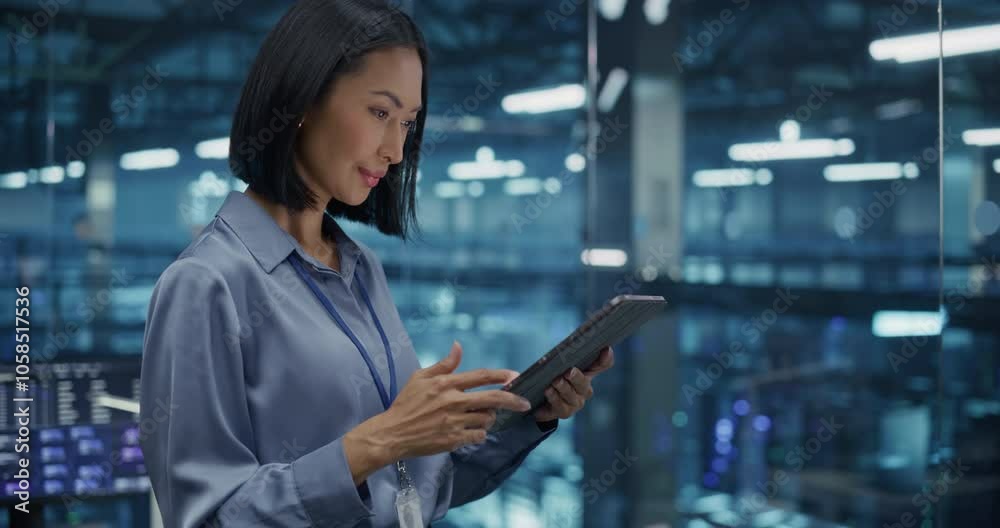 Leinwandbilder portrait of an asian female manager studies online reports on her tablet computer, standing in a mod