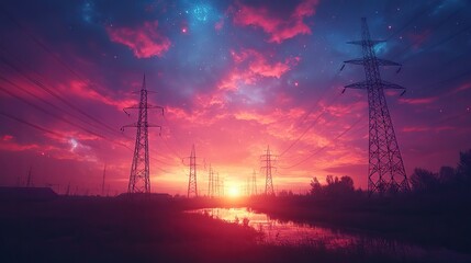 High-energy power grid scene with electrical towers glowing under the starry sky, symbolizing energy transfer