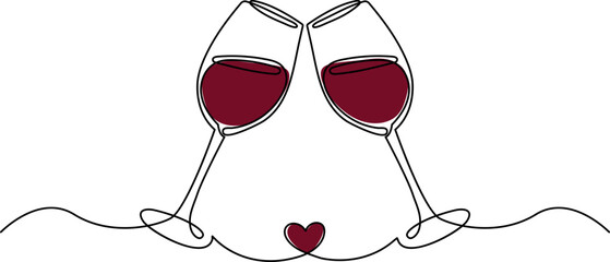  Continuous Line Drawing of Two Wine Glasses Toasting with Heart