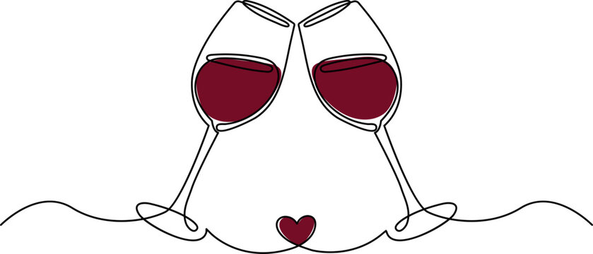 wine glasses toasting with heart, line art clip art preview