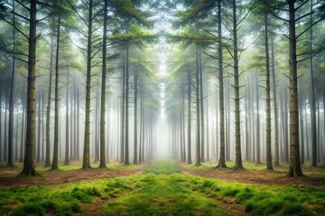 Obraz premium Majestic forest with trees and fog in background