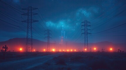 High-voltage power lines illuminated by blue laser beams against starry sky, featuring three large towers in the background