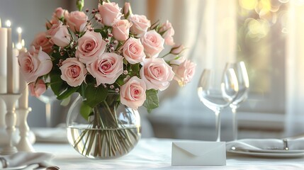 Elegant Dining Table with Pink Roses and Candlelight