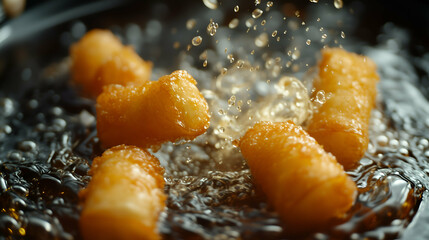 Crispy Golden Pastry Rolls Frying in Hot Oil with Splashing Droplets - Close-up of golden pastry rolls frying in hot oil, creating a satisfying sizzle and crispy texture.
