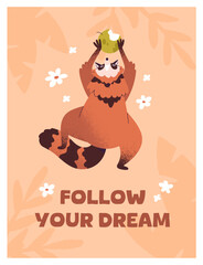 Design of poster with comic phrase and cute raccoon reaching for apple with paws. Baby racoon with food in hands on card template. Amusing forest animal has fun, takes fruit. Flat vector illustration