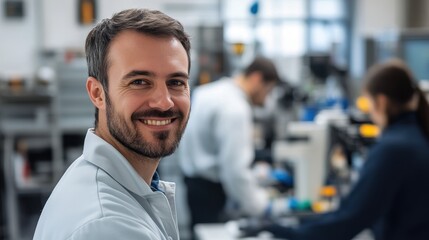 Fototapeta premium Smiling Caucasian male researcher in a lab setting, engaged in scientific work.