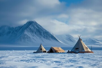 Arctic Expedition Camp with Traditional Tents in Snowy Landscape