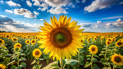 Sunflower, looking out over a vast field of sunflowers under a bright blue sky. The foreground features the vibrant sunflower, while the expansive field blooms in the background, creating a cheerful