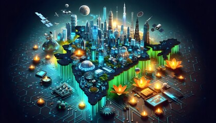 A 3d rendered futuristic depiction of India’s tech hubs and industries, including IT, manufacturing, and space exploration. Skyscrapers, satellites, robotic arms, and circuit boards interwoven.