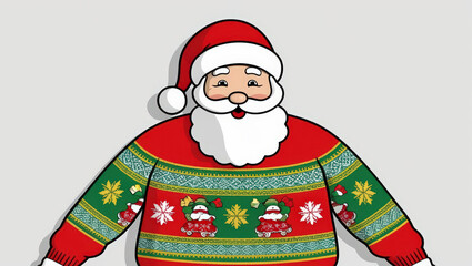 Santa in festive sweater with Christmas designs, cheerful and cozy