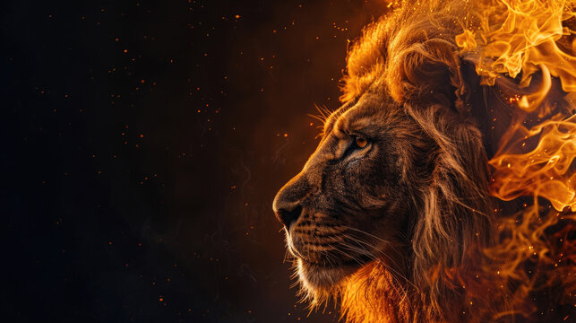 close-up profile of a lion's head with flames, on a black background, fire and sparks from bokeh, fiery astrological sign, copy space