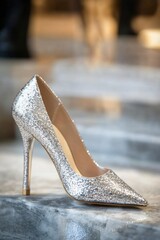Obraz premium Sparkling Silver High Heel Shoes on Showcase Display