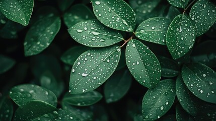 Obraz premium Green fresh leaves adorned with dew drops create a wonderland of nature, perfect for a stunning background. This vibrant scene offers a serene and refreshing wallpaper option.