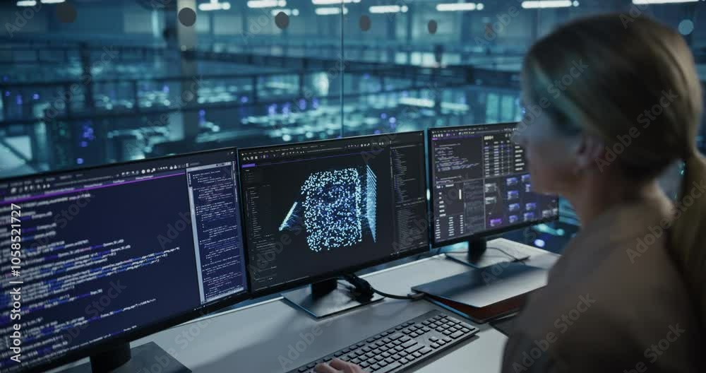 Fototapete With Multiple Screens Open to Code and Analyze Neural Network Visualizations, Female Software Developer in a Data Center Refines an AI Algorithm, Working Methodically to Improve Performance