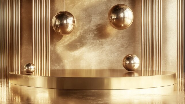 24.A futuristic 3D gold podium, featuring floating metallic spheres and a polished gold surface. The smooth design and elegant simplicity create a sense of luxury, ideal for displaying premium