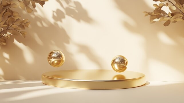 24.A futuristic 3D gold podium, featuring floating metallic spheres and a polished gold surface. The smooth design and elegant simplicity create a sense of luxury, ideal for displaying premium