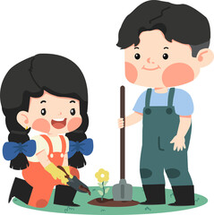 Fototapeta premium cartoon of a boy and girl planting a tree together