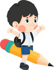 Happy boy student flying on Pencil