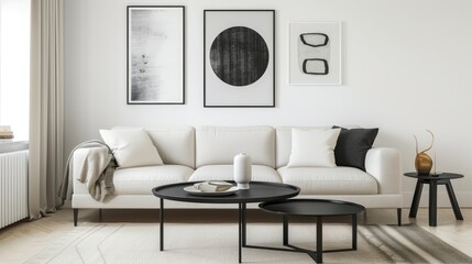 Stylish Home Decor Template for Living Room with White Wall and Black Coffee Table.