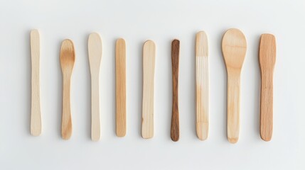 70.A collection of wooden ice cream sticks, laid out on a plain white surface. The natural wood grain and fine details of the sticks are visible, creating a simple and clean composition ideal for