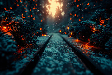 winter snowy forest, road into the distance with car tracks, New Year trees with bokeh from garlands, copy space