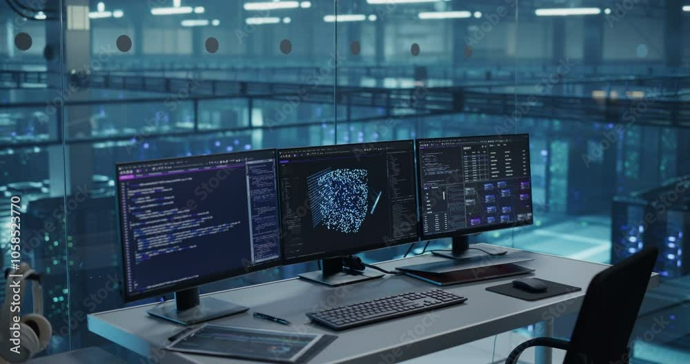 Poster Modern Office Desk in a Data Center, Equipped with Multiple Monitors Displaying Complex AI Code and Data Visualizations, Ready for a Team of Developers to Dive In. Footage Without People