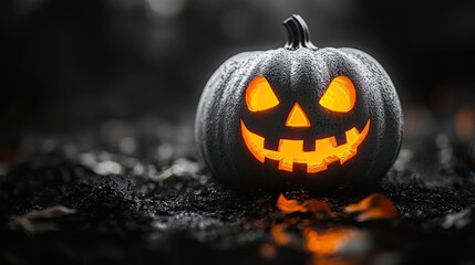 Minimalistic design with Happy Halloween in white font and pumpkin-ghost icon on black background