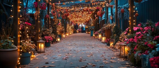 Fototapeta premium Enchanting Winter Pathway with Festive Lights at Autumn Fair, Perfect for Christmas and Thanksgiving Celebrations