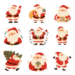 A set of flat vector Christmas illustrations. Cute Santa Clauses in different poses. Vector illustration