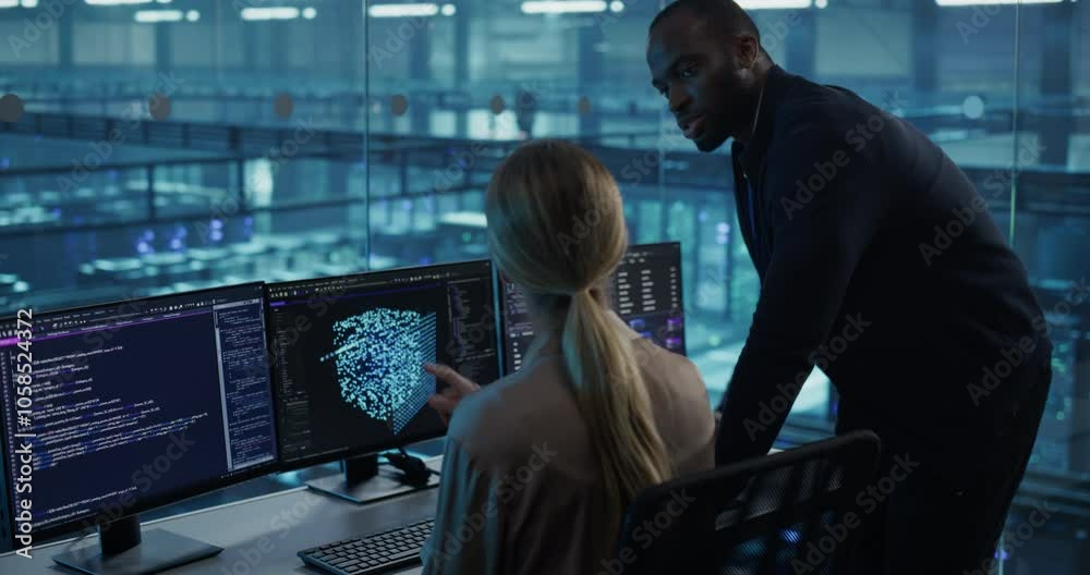 Leinwandbilder in a data center office, a female software developer focuses on an ai model displayed across her mon