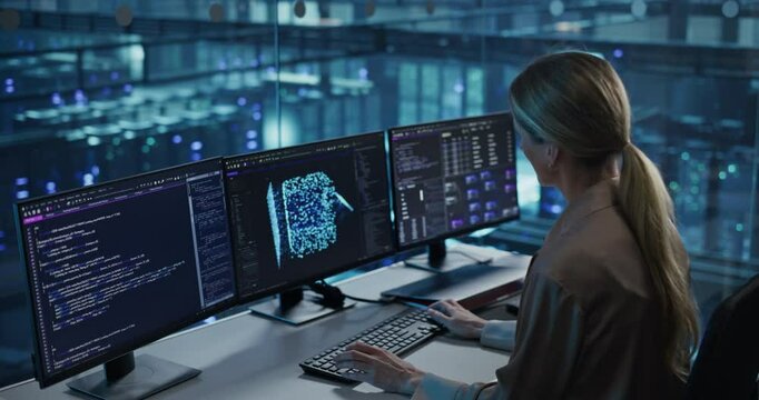 Seated in a High-Tech Data Center, Female Developer Works on an Futuristic AI Model, Managing Open Code Windows and Parameter Adjustments Across Multiple Screens, Focused on AI Optimization