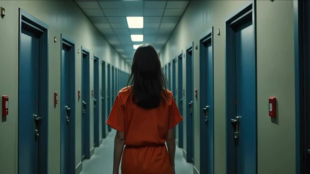 A woman in orange jumpsuit standing alone inside a jail cell