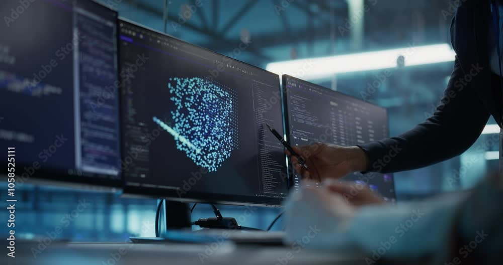 Aufkleber In the Data Center, a Female Software Engineer and Her Project Manager Reviewing AI Model Code and Parameters on Multiple Monitors, Strategizing Next Steps for Their Online Product