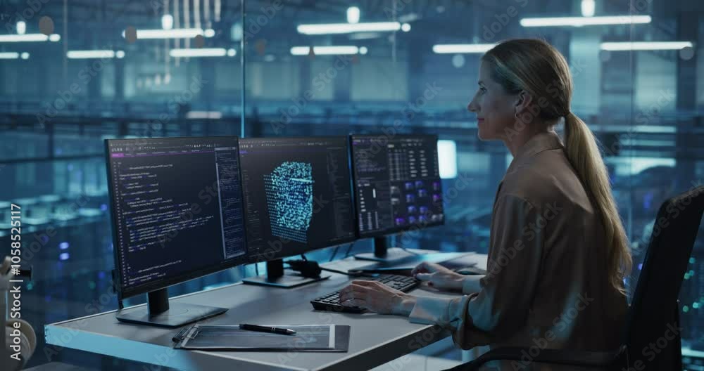 Poster Female Software Engineer Works on Developing a Visual AI Model, Carefully Adjusting Lines of Code. Specialist Sitting in Front of Three Computer Monitors in a Glass-Enclosed Modern Data Center Office