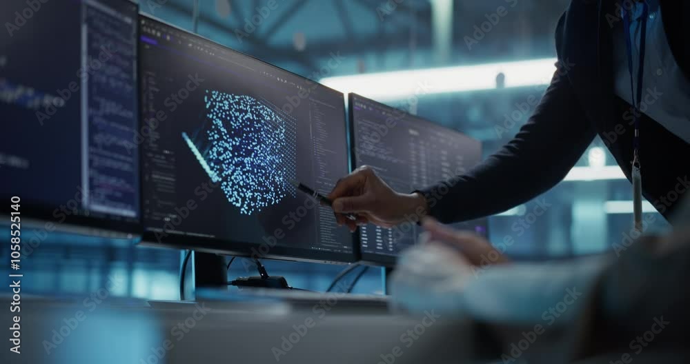 Aufkleber Anonymous Female and Male Software Developers Working on an AI Model Displayed Across Multiple Monitors. Professionals Working on a Project in a Data Center Office
