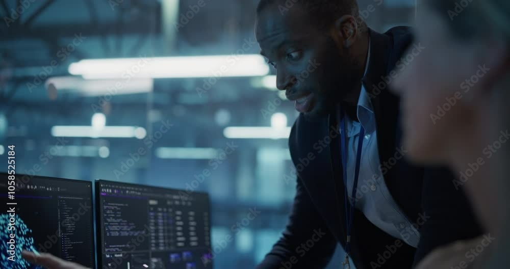 Aufkleber Surrounded by Computer Displays Showing Complex AI Systems, a Female Developer Works on Model Optimization with a Teammate Standing Beside Her, Both Focused on Programming the Software